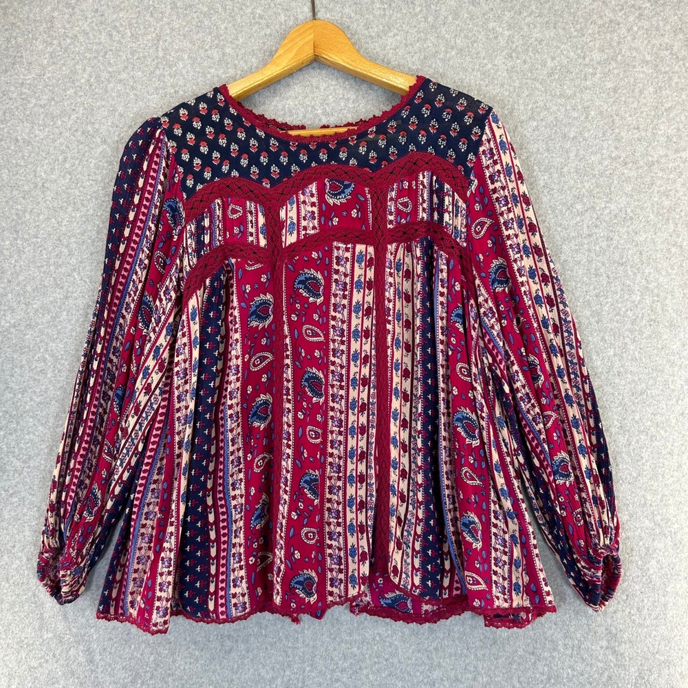 Maeve Anthropologie Boho Paisley Long Sleeve Gretchen Patchwork Blouse Top US 12